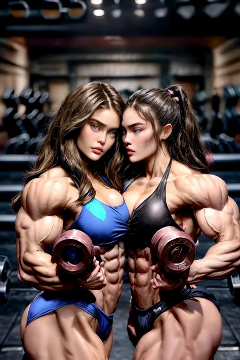 (2 girls body builders:1.6), ((masterpiece)), best quality, ultra-detailed:1.7, finely detail, high resolution:1.6, perfect dynamic composition, beautiful detailed faces:1.77, blonde babes:1.88, perfect pink lipstick, blue eyes, perfect makeup:1.8, short b...