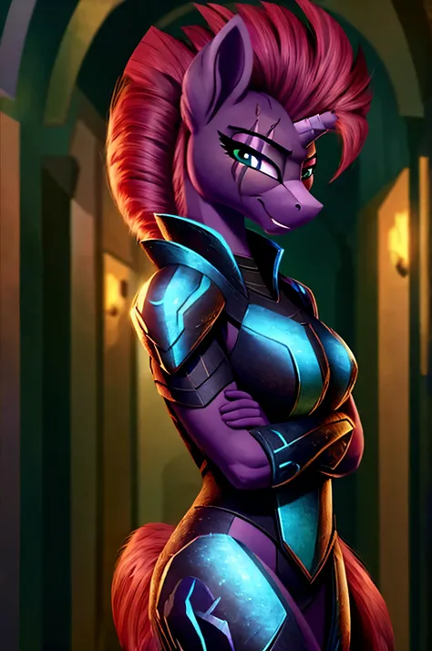 tempest shadow from my little pony as an anthro mare, highly detailed fur, dark spaceship hallway, broken horn, big breasts, temparmor, glowing armor, broken horn, scar over right eye, arms crossed, smirking