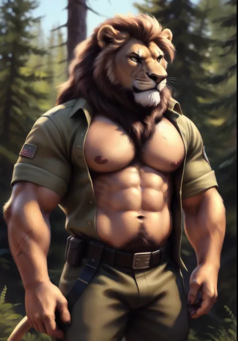 Lion, male, solo, adult, abs, big pecs, nipples, older, strong musles, military outfit, long mane, detailed face, beautiful eyes, scars, dark green pants, showing chest, open shirt, military shirt, military badges, muscular chest, muscular, serious angry f...