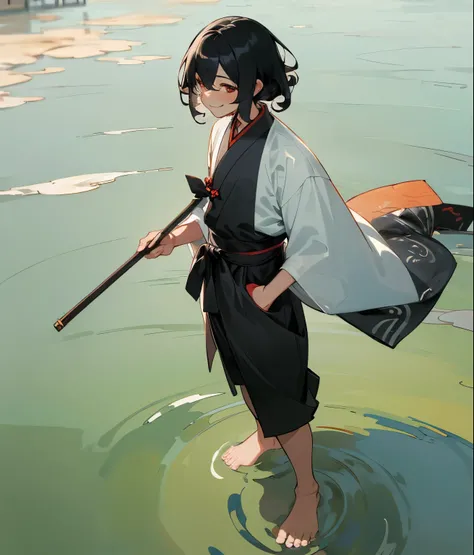 ((4k,masterpiece,best quality,closeup)), shuimobysim, traditional chinese ink painting, maxiskit, 1male, solo, curly black hair, smile, standing, feet in the water, barefoot, traditional visayan clothes, tanned skin