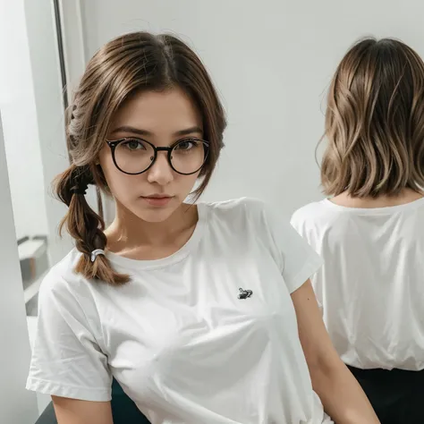 Crie uma mulher com a roupa do satoro gojo, com cabelo branco e amarrado com com coque, and round glasses 