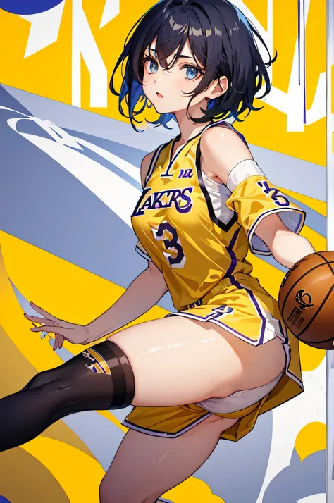 1girl,Lakers yellow basketball uniform,short hair,black hair,light blue eyes