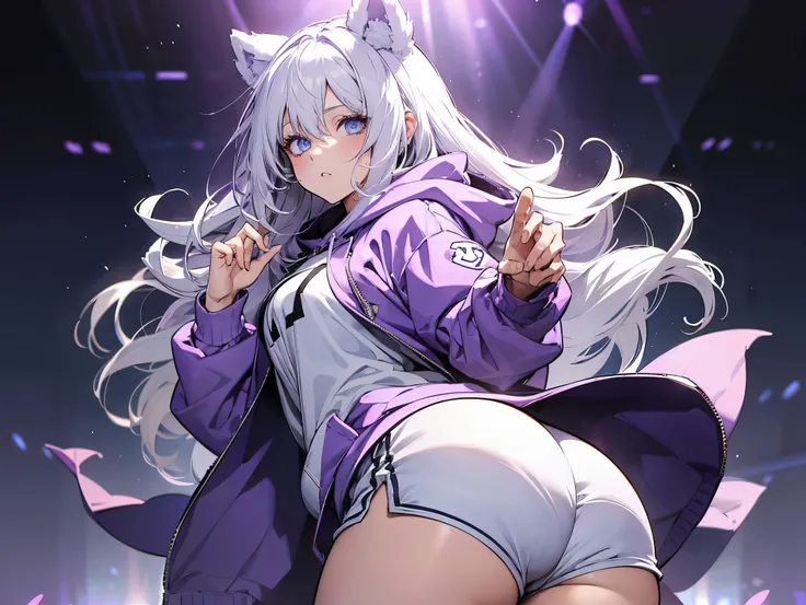 1 female, teacher, wearing a light purple and white hoodie, bootyshorts, Thicc, white hair, long hair, light blue eyes, purple bear ears, face to detail, detailed eyes, the background is a dark room