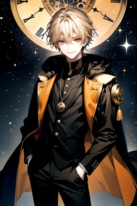 Solo, Male, smile facial, masterpiece, highres, blonde hair, orange eyes, black casual clothes, white hood, times, pocket watch, galaxies