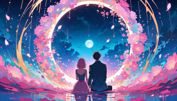 A couple sits on the edge of an endless sea made entirely of pink lotus flowers, with their backs to each other and facing away. The bright moon shines before them, creating a romantic atmosphere. This is illustrated in the style of anime art with a touch ...