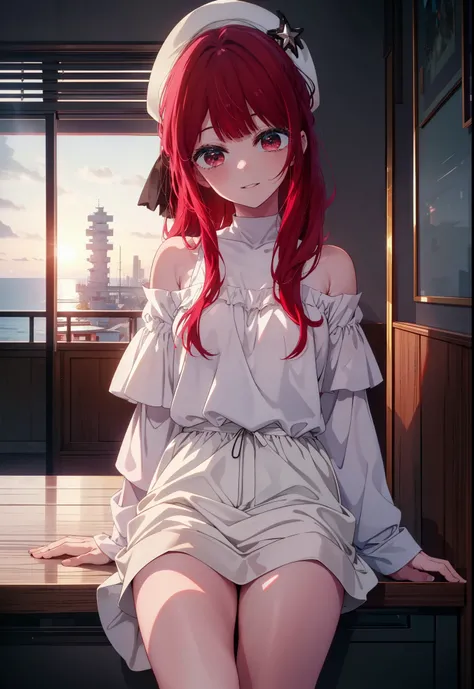 canary, Arima etc., long hair, bangs, (red eyes:1.3), redhead, happy smile, smile, open your mouth,off shoulder, oversized shirt, oversized clothes,black underwear,barefoot,morning,Room with sea view,the sun is rising,Sitting on the sofa with legs crossed,...