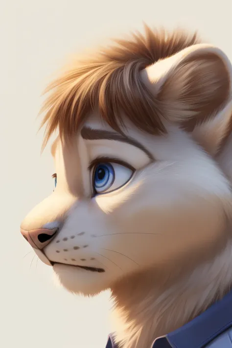 teen white lion, solo, blue eyes, face focus, brown cut bangs,, (sad), full body, (soft shading), 4k, detailed face, detailed eyes, detailed, zootopia style, blank background, side view