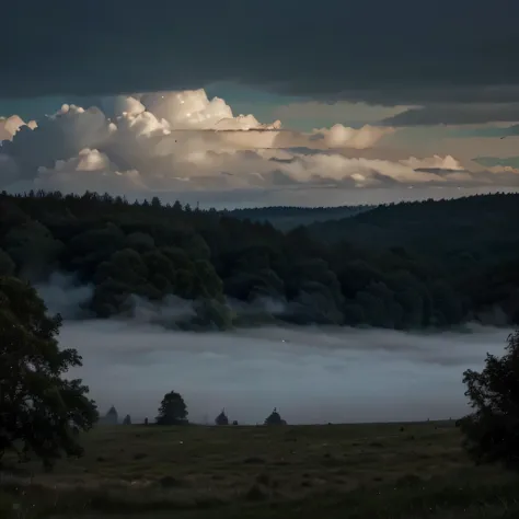 A view where the viewer is in the middle of the meadow and can see a forest about 3 meters away where there is an exaggeration of FOG, and the sky is completely cloudy.(es de noche) 