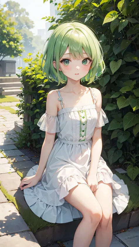 very cute girl、11 years old、Light green hair、short hair、(Side bangs long down to the chest)、White Green Dress、