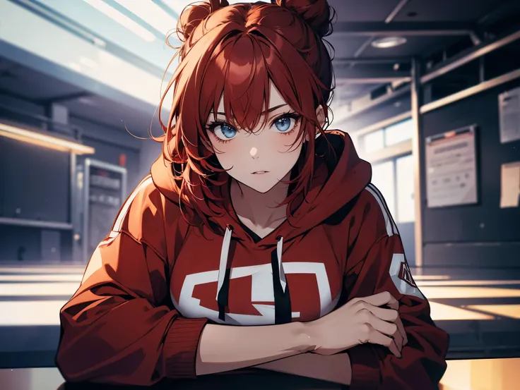 1 female, teacher, wearing a red and white hoodie, bootyshorts, Thicc, red hair, double hair buns, light blue eyes, face to detail, detailed eyes, the background is a dark room