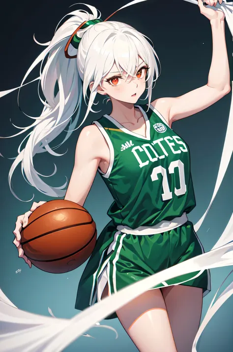 1girl,Boston celtics basketball jersey,longhair,white hair,ponytail hair,red eyes