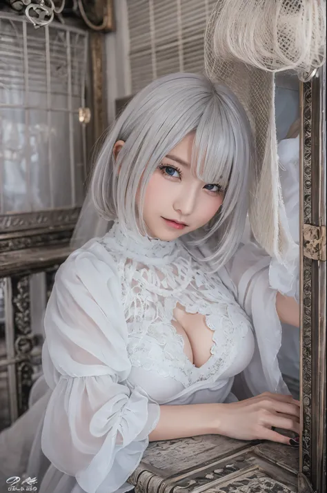 ((high quality)),table top,(Detailed depiction of local details:1.2),1 Japanese girl,(plump breasts:1.3),Enchanted Valley,closed mouth,eyelash,looking at the viewer,portrait,alone,Upper body,gray hair,white theme,short hair,silver hair,Yoruhano. 2 Type B,