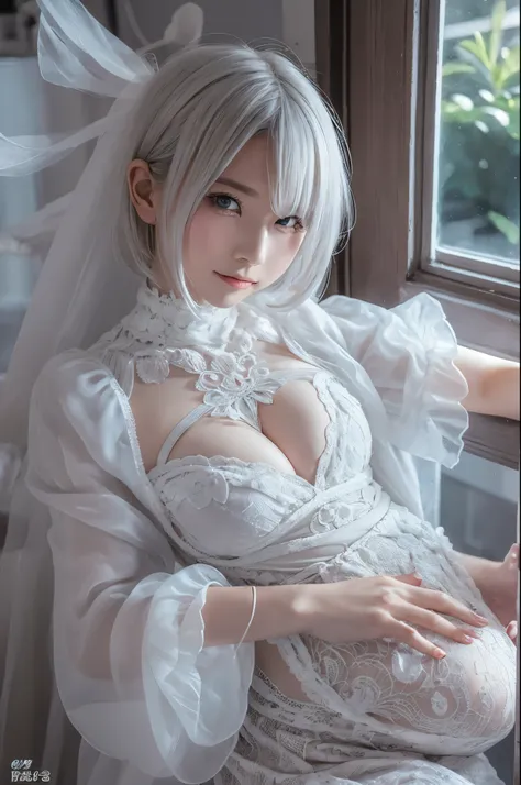 ((high quality)),table top,(Detailed depiction of local details:1.2),1 Japanese girl,(plump breasts:1.3),Enchanted Valley,closed mouth,eyelash,looking at the viewer,portrait,alone,Upper body,gray hair,white theme,short hair,silver hair,Yoruhano. 2 Type B,