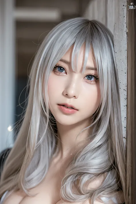 ((high quality)),table top,(Detailed depiction of local details:1.2),1 Japanese girl,(plump breasts:1.3),Enchanted Valley,closed mouth,eyelash,looking at the viewer,portrait,alone,Upper body,gray hair,white theme,short hair,silver hair,Yoruhano. 2 Type B,