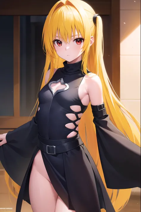 toloveruyami, yami, (yellow hair:1.5), long hair, (red eyes:1.5), hair ornament, (small chest:1.2), 
BREAK sleeveless, detached sleeves, dress, black dress, black skirt, clothing cutout, cleavage cutout,
BREAK outdoors, city,
BREAK looking at viewer, (cowb...