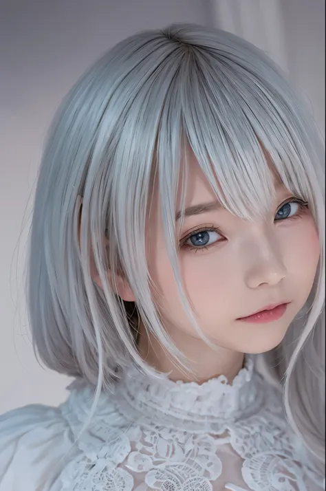 ((high quality)),table top,(Detailed depiction of local details:1.2),1 Japanese girl,(plump breasts:1.3),Enchanted Valley,closed mouth,eyelash,looking at the viewer,portrait,alone,Upper body,gray hair,white theme,short hair,silver hair,Yoruhano. 2 Type B,