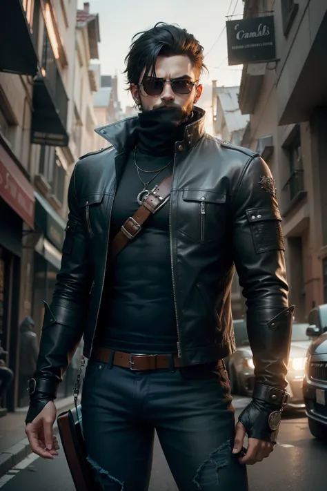 crear una imagen de arte conceptual de un personaje de rol de hombre demonio, con jeans negros, campera con capucha gris, with a balaclava who have black glasses