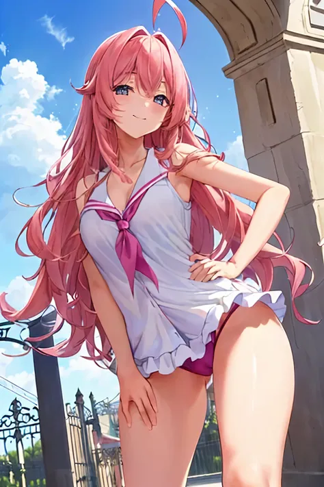 lacus4, (pink frilled panties, no pants, long flowing golden hair, contented smile, fresh and youthful face, sparkling eyes full of innocence and curiosity, confident posture with hands on hips, standing proudly in front of the school gate, cameltoe, maste...