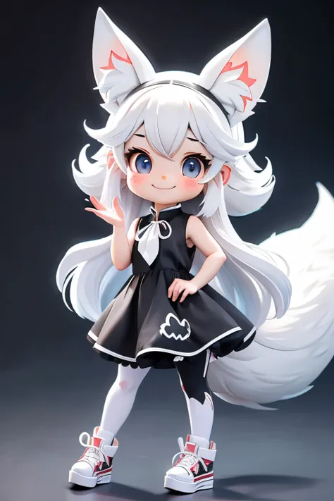 a girl with striking white hair、fox ears and tail、hair ornaments、black pantyhose、sleeveless、smile、cute shoes with accessories