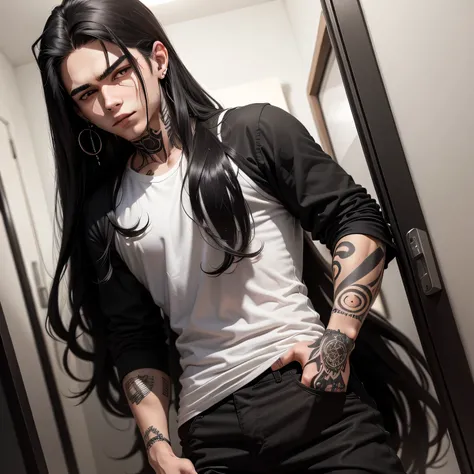 a young teenage man with long black hair with serious white eyes, tattooed hands, wearing black pants and white shirt , com cara de mal