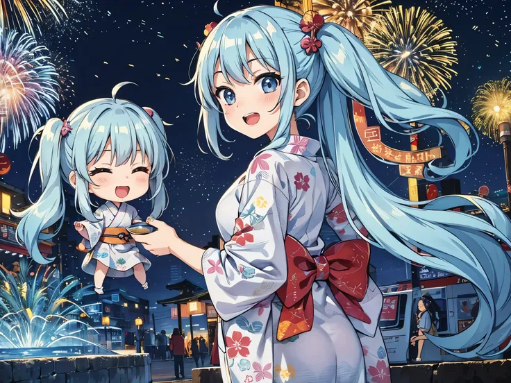 ,Girl in Yukata,light blue long hair、Chibi character with twin tails、Have fun with friends、Outstanding smile,Summer festival,night,Opening a store,Spirit Stream,Large fireworks,There are a lot of people、