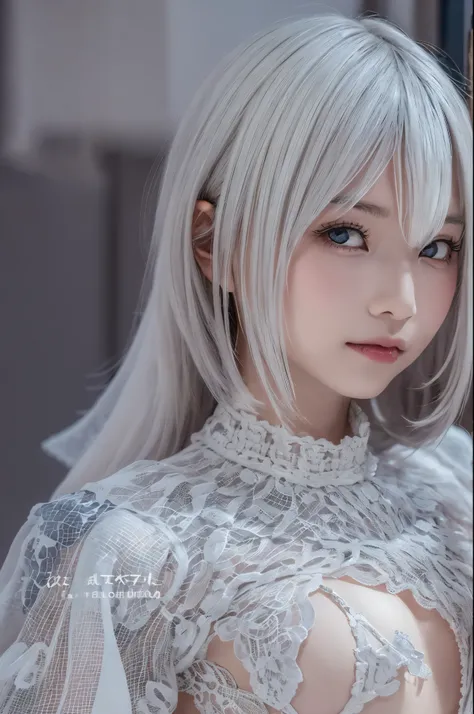 ((high quality)),table top,(Detailed depiction of local details:1.2),1 Japanese girl,(plump breasts:1.3),Enchanted Valley,closed mouth,eyelash,looking at the viewer,portrait,alone,Upper body,gray hair,white theme,short hair,silver hair,Yoruhano. 2 Type B,