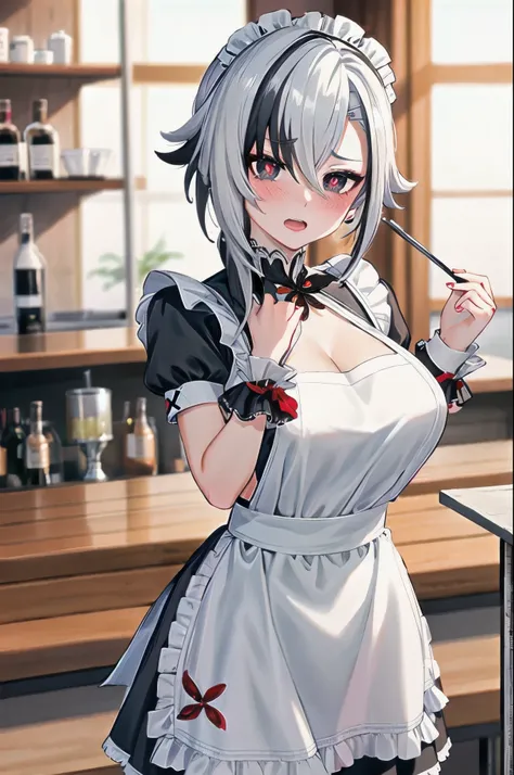 1girl, arlecchino (genshin impact), maid, maid headdress, maid apron, embarrassed, open mouth, blush, light frown, looking at viewer, x-shaped pupils, black eyes, cowboy shot, bar (place), indoors, depth of field