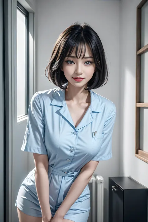 (3 Ultimate Beauty Nurse)、{{{masterpiece}}}， {Oh oh oh, Oh, really：1.2}， best quality， official art， Highly detailed CG Unity 8k wallpaper， The facial details are very rich、delicate lips、delicate eyes、double eyelids、((black bob hair))、(Nurse:1.3)、(charming...