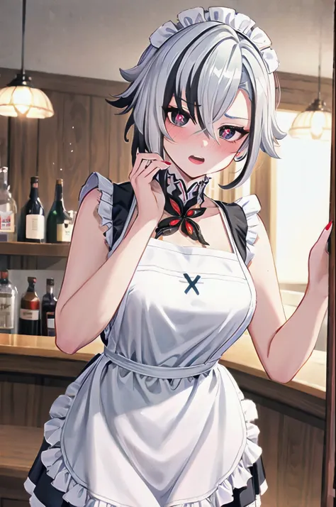 1girl, arlecchino (genshin impact), maid, maid headdress, maid apron, embarrassed, open mouth, blush, light frown, looking at viewer, x-shaped pupils, black eyes, cowboy shot, bar (place), indoors, depth of field