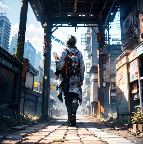 (8k unit wallpaper CG extremely detailed, masterpiece, best quality, ultra-detailed), (((solo)))), ((extremely wide shot:1.15)), a man on a bridge looking at a scifi city in the distance in the background, ((back view)), ((full body)), (high detail), (intr...