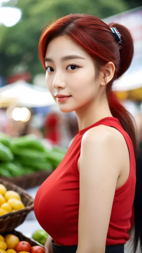 close-up, of beautiful korean female, 34 inch breasts size, red ponytail , wearing sleeveless shirt, in the market,  Bokeh background