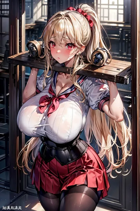 (masterpiece:1.2、highest quality、T Masterpiece)、1 female、alone、classroom、Day、stand、blonde、ponytail、red eyes、(sailor suit:1.25)、(black skin:1.25)、big breasts、pantyhose、corset、earrings、lipstick、very sweaty、Scrunchie、choker、blush、(pillory:1.4)