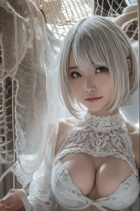 ((high quality)),table top,(Detailed depiction of local details:1.2),1 Japanese girl,(plump breasts:1.3),Enchanted Valley,closed mouth,eyelash,looking at the viewer,portrait,alone,Upper body,gray hair,white theme,short hair,silver hair,Yoruhano. 2 Type B,