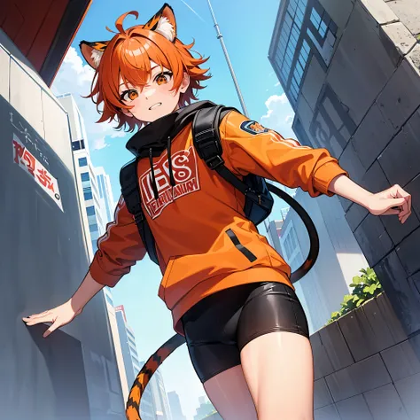  1teenage boy age approximately 16 years, atmosphere bright and beautiful colors, animated style, Ginger hair + short messy hair + bangs tied in a ponytail. light brown skin and medium height, brown eyes + big and funny eyes, orange tiger ears + tail, norm...