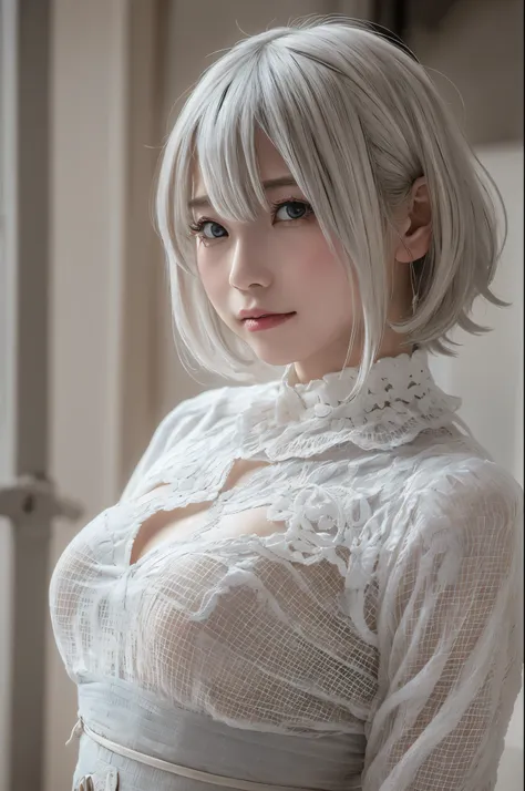 ((high quality)),table top,(Detailed depiction of local details:1.2),1 Japanese girl,(plump breasts:1.3),Enchanted Valley,closed mouth,eyelash,looking at the viewer,portrait,alone,Upper body,gray hair,white theme,short hair,silver hair,Yoruhano. 2 Type B,