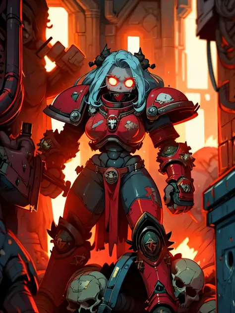 (Best Quality), (8K Resolution: 1.2), (Clear Focus 1:0), (power armor 1.5), young khornate berzerker covered in blood, blood on face, blood on armor, battlefield, pile of skulls, (red glowing eyes 1.5), full shot.