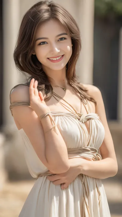 (highest quality, 16K, masterpiece: 1.3), (Hands are tied behind the body:1.5) ,(movie actress:1.4),beautiful woman with perfect figure: 1.2, (Nationality: British:1.3), wearing a pendant, strapless、elegant long dress、(very affectionate smile:1.2)、 highly ...