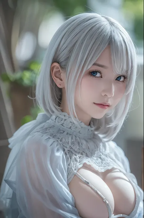 ((high quality)),table top,(Detailed depiction of local details:1.2),1 Japanese girl,(plump breasts:1.3),Enchanted Valley,closed mouth,eyelash,looking at the viewer,portrait,alone,Upper body,gray hair,white theme,short hair,silver hair,Yoruhano. 2 Type B,