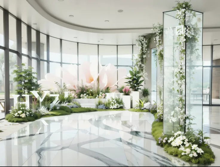 3d rendering, floral installation, event in the lobby of kengo kuma's office, green plants and white, inside tall glass cubicles...