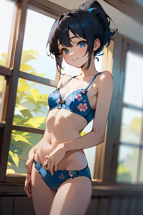 NSFW、with the best image quality、teenage girl standing in the room。in high resolution、beautiful details、quiet atmosphere。black hair ponytail、cute smile.。small breasts、Cute floral blue bra、Wearing cute floral blue panties。