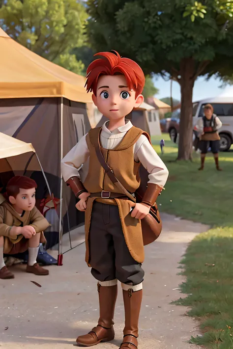 young boy, 13 years old, short red hair, in a shepherds outfit, talking to a group of three boys, standing in a street, near a tent, medieval style, biblical style