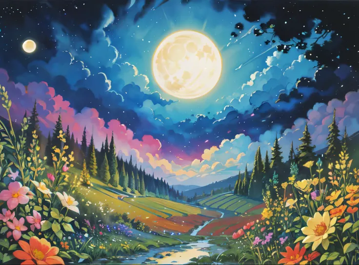 Oil painting of a cat among flowers under the full moon, Moonlight falls on wild flowers, moonlight background, Moonlight night, Dreamy, Moonlight nightscape, Moonlight at night, Flower fields at night, stary night painting, moon and stars, Lush and colorf...