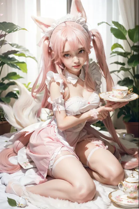 Bunnygirl, ((female (sweet))), long ears, fluffy white tail, ((eyes (bright wide))), ((soft hair (pinkish-white)))), specializes in housework and gardening, kind and gentle nature, ((tea party organizer)), ((maid))