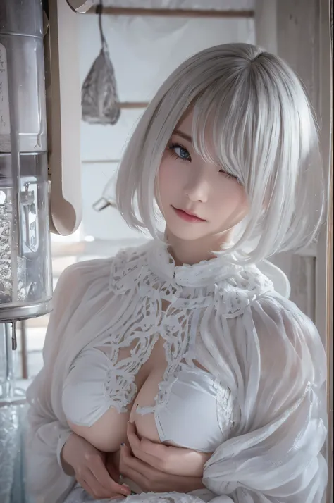 ((high quality)),table top,(Detailed depiction of local details:1.2),1 Japanese girl,(plump breasts:1.3),Enchanted Valley,closed mouth,eyelash,looking at the viewer,portrait,alone,Upper body,gray hair,white theme,short hair,silver hair,Yoruhano. 2 Type B,