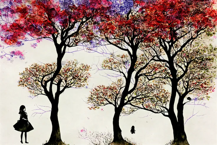 there is a drawing of a girl with an umbrella under a tree, blurry and dreamy illustration, blurred and dreamy illustration, dreamy illustration, inky illustration, birds and trees, a beautiful artwork illustration, illustration!, inspired by Jung Park, wa...