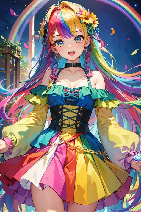 （In 8K, highest quality, pieces fly:1.2)、ultra high resolution,1 female 16 years old、super detailed face,fine eyes,open your mouth,laughter,((rainbow hair)),asymmetrical bangs,twin braids,break,((flower dress)),one piece、off shoulder、beautiful breasts、ruff...