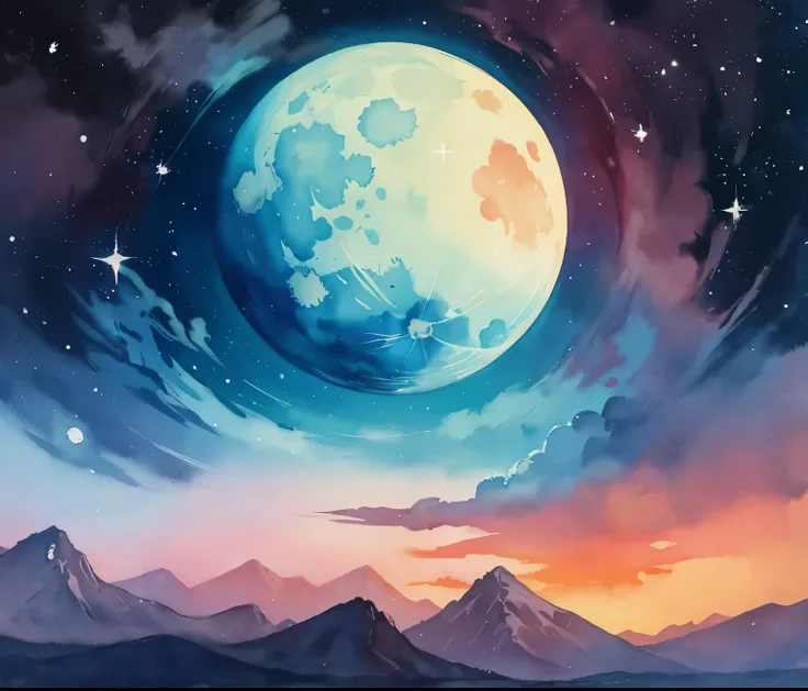 There is a full moon in the painting，Mountains and stars in the background, 幻想watercolor画, 充满活力的watercolor画 painting, Space Landscape, watercolor painting, watercolor, dream painting, a watercolor, moon landscape, 幻想watercolor画, Lush and colorful solar ecl...