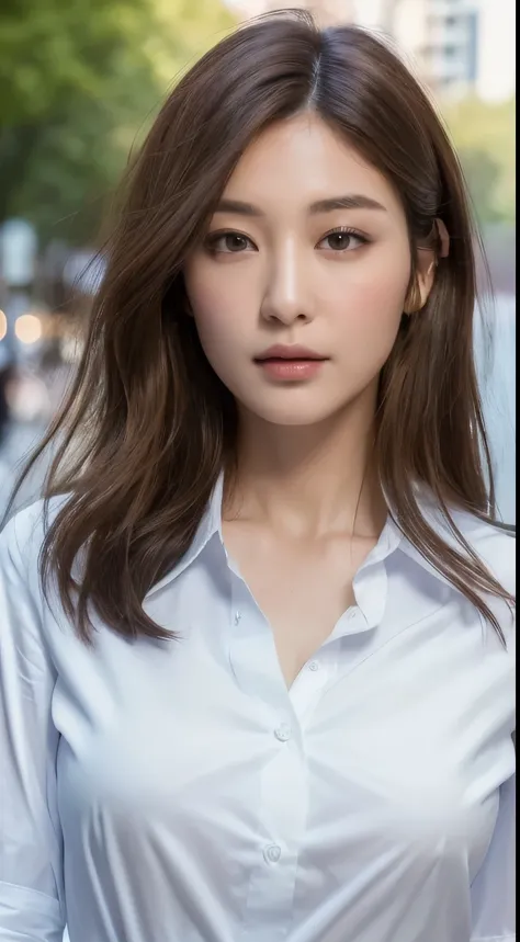 ((highest quality, 8K, masterpiece :1.3)), sharp focus :1.2, beautiful woman with perfect figure :1.4, thin abs :1.2, ((dark brown hair, big breasts :1.2)), (white button up long shirt :1.1), city street:1.2, Highly detailed face and skin texture, fine eye...