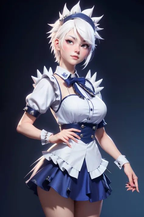 ((16 Night Sakiya)), ((Oriental Project)), role play, 20 year old female, (((white hair)), ((medium spiky hair)), ((blue maid outfit)), ((White shirt)), Medium chest, (Light)))), (posture))), (Realistic photos: 1.3), rim Lighting, (High detail skin:1.2), 8...