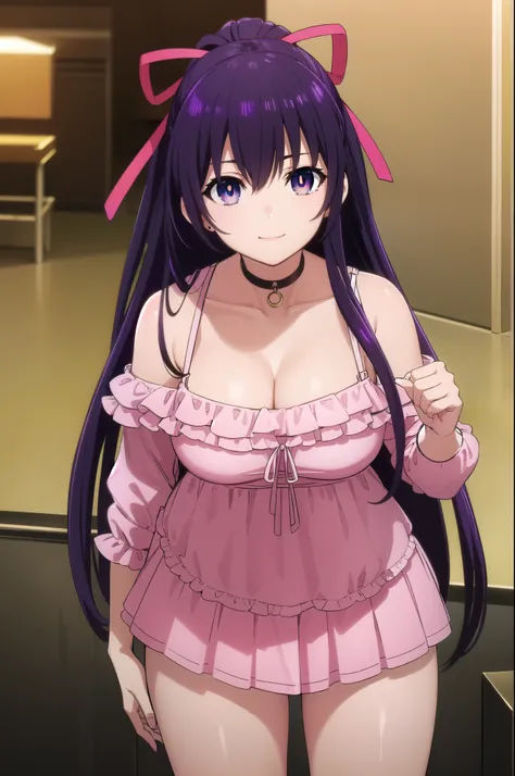 tohkayatogami, tohka yatogami casual, long hair, purple hair, alluringly smile, sheer off shoulder, cold shoulder ,tight blouse, soft pink tops, satin fabric, pink choker ,cleavage , mid rift necklace, ribbon , frilly skirt, knee length skirt, tight skirt,...